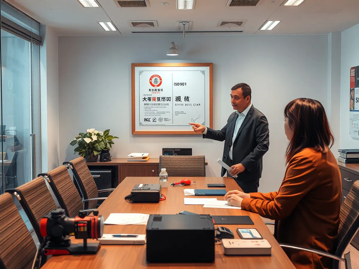 顺欧诺办公室内展示ISO9001质量管理体系认证证书的场景