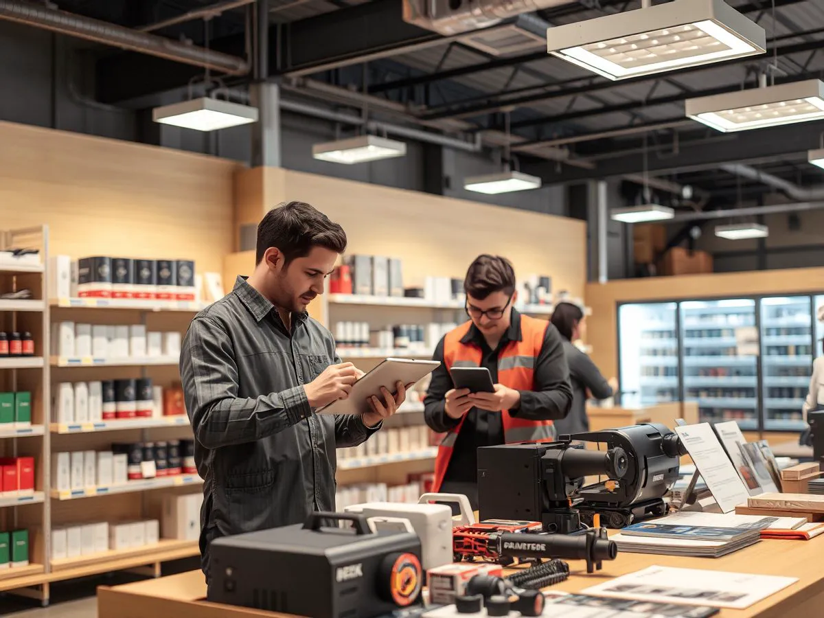 门店陈列检查场景,工作人员使用平板电脑进行巡检